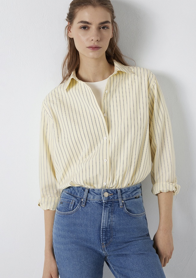  Mavi Çizgili Sarı Gömlek Loose Fit / Bol Rahat Kesim 1211502-91376