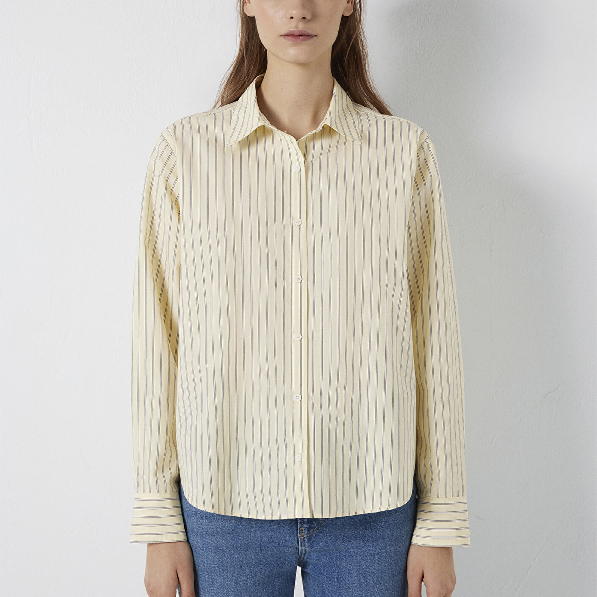 Mavi Çizgili Sarı Gömlek Loose Fit / Bol Rahat Kesim 1211502-91376