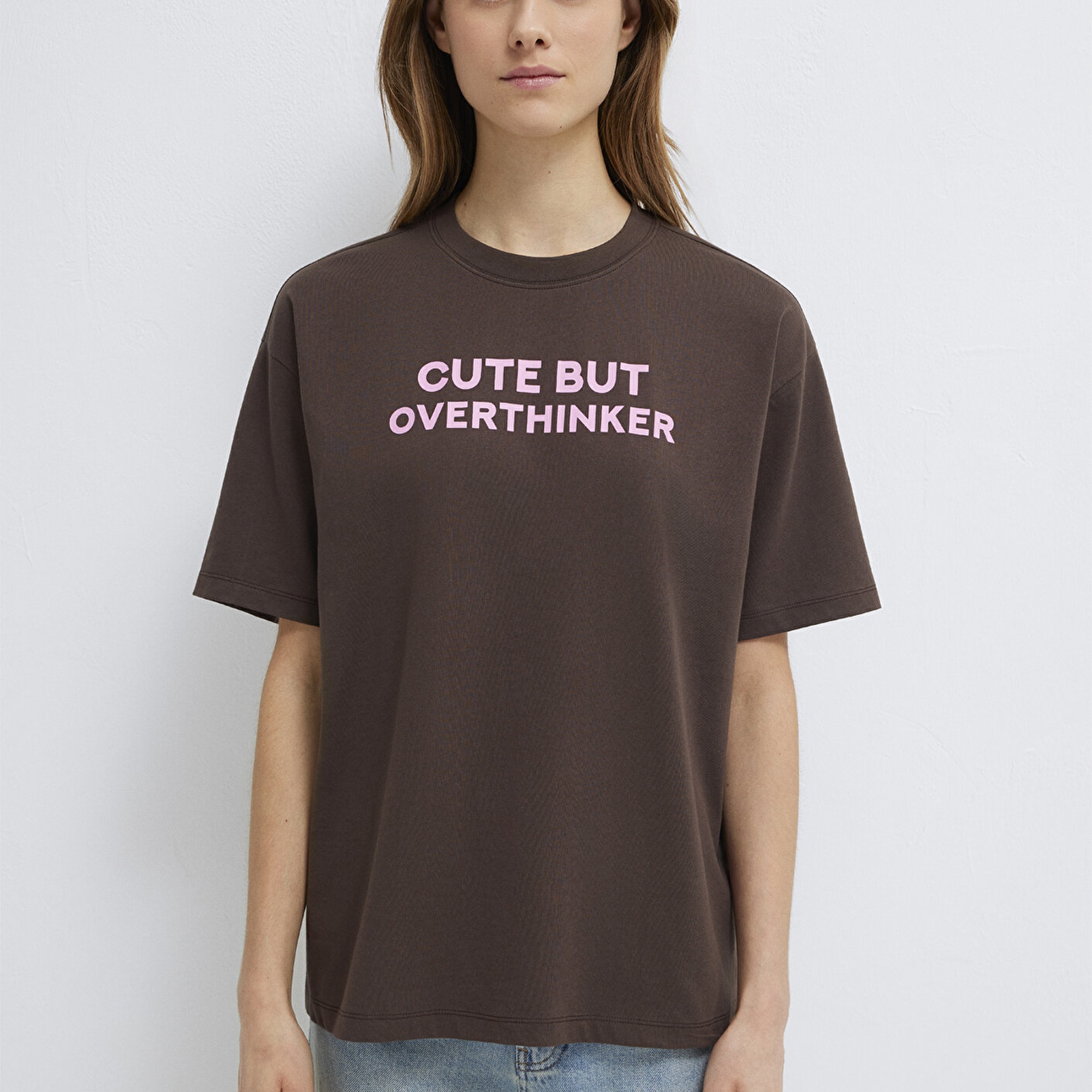 Mavi Baskılı Kahverengi Tişört Loose Fit / Bol Rahat Kesim 1614012-88067