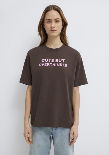  Mavi Baskılı Kahverengi Tişört Loose Fit / Bol Rahat Kesim 1614012-88067