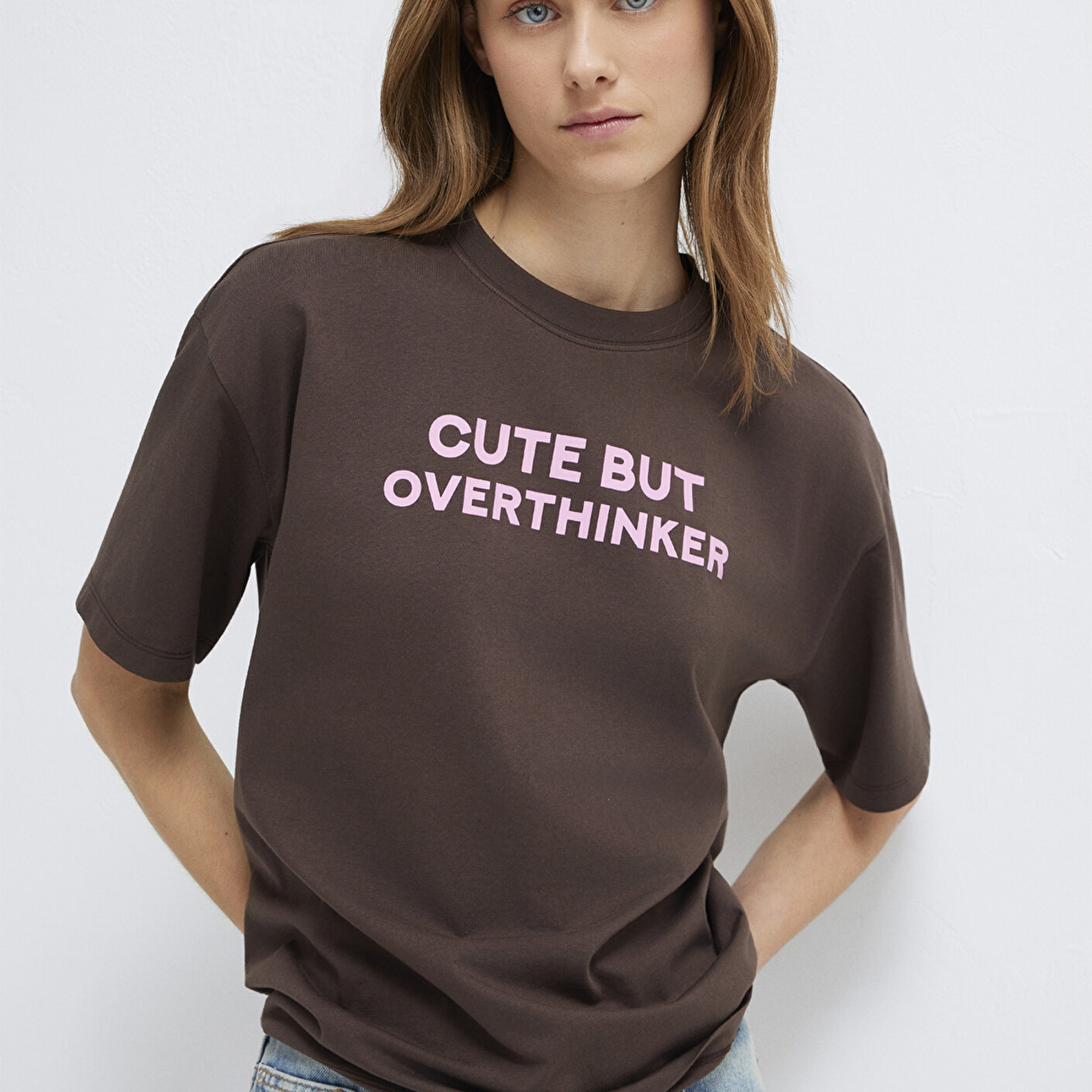 Mavi Baskılı Kahverengi Tişört Loose Fit / Bol Rahat Kesim 1614012-88067