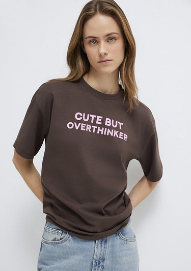  Mavi Baskılı Kahverengi Tişört Loose Fit / Bol Rahat Kesim 1614012-88067