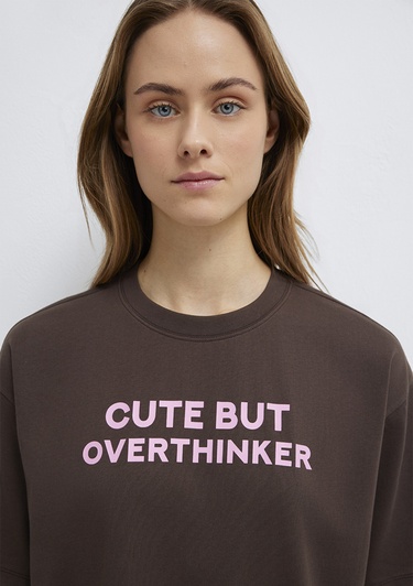  Mavi Baskılı Kahverengi Tişört Loose Fit / Bol Rahat Kesim 1614012-88067