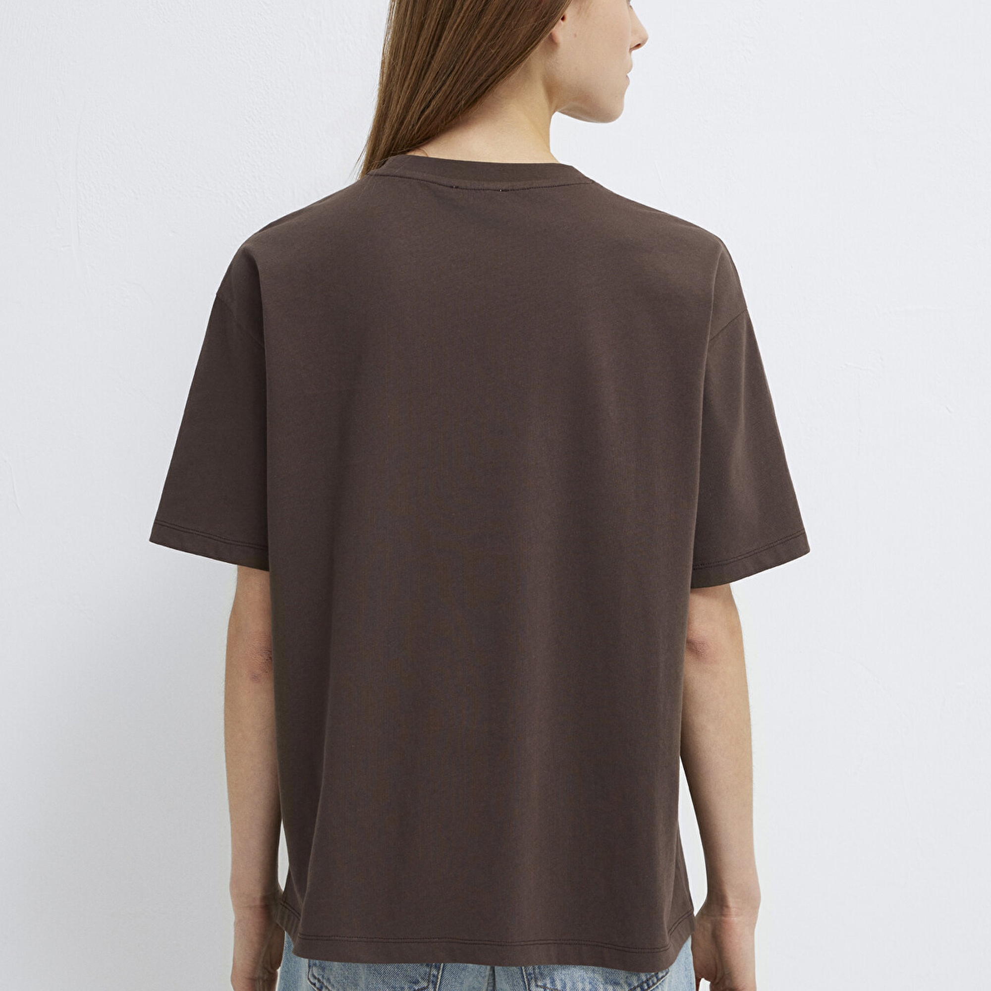 Mavi Baskılı Kahverengi Tişört Loose Fit / Bol Rahat Kesim 1614012-88067