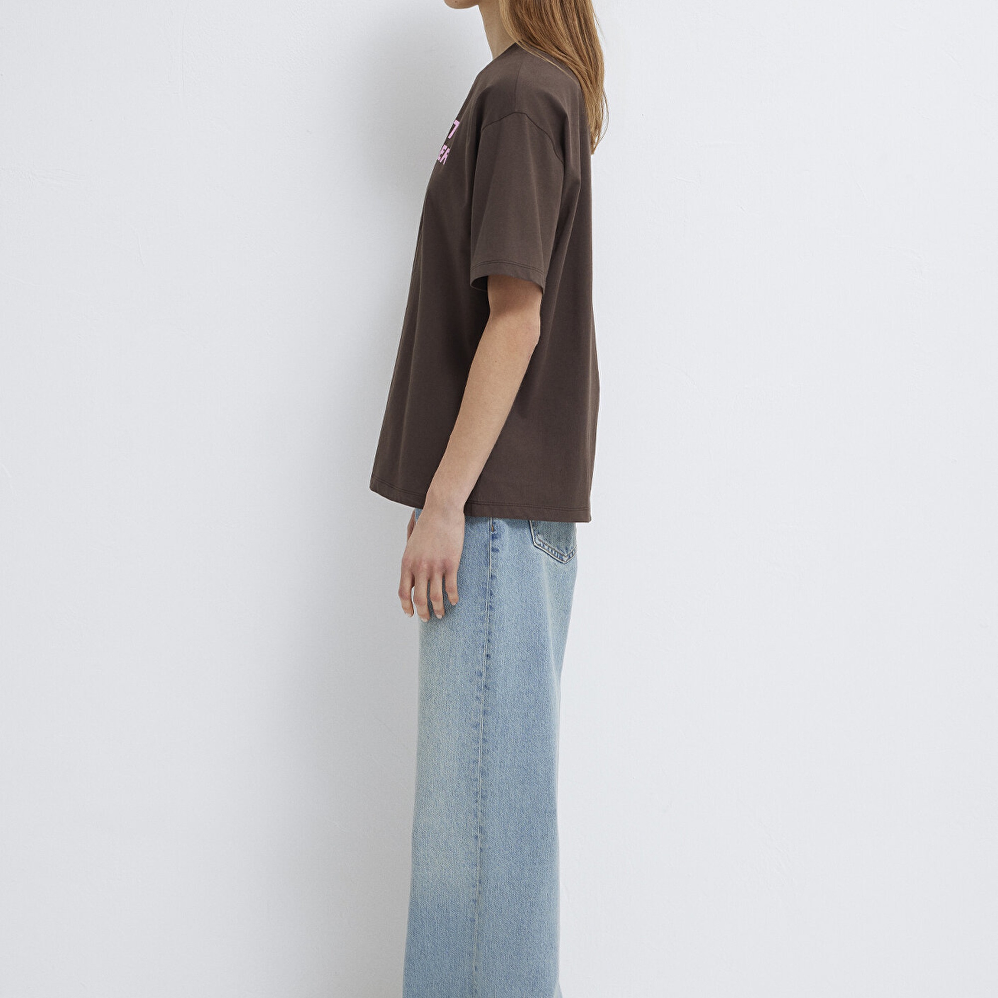 Mavi Baskılı Kahverengi Tişört Loose Fit / Bol Rahat Kesim 1614012-88067