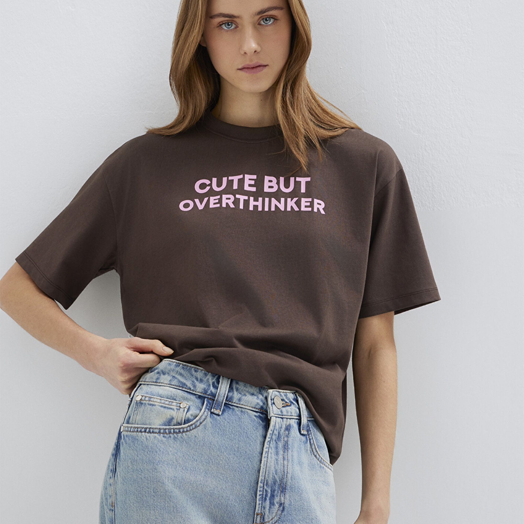 Mavi Baskılı Kahverengi Tişört Loose Fit / Bol Rahat Kesim 1614012-88067