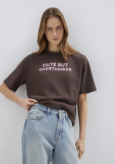  Mavi Baskılı Kahverengi Tişört Loose Fit / Bol Rahat Kesim 1614012-88067