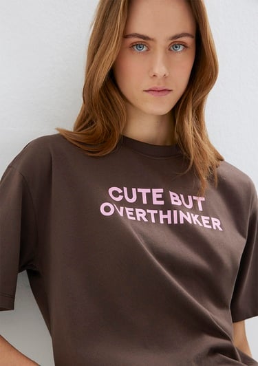  Mavi Baskılı Kahverengi Tişört Loose Fit / Bol Rahat Kesim 1614012-88067