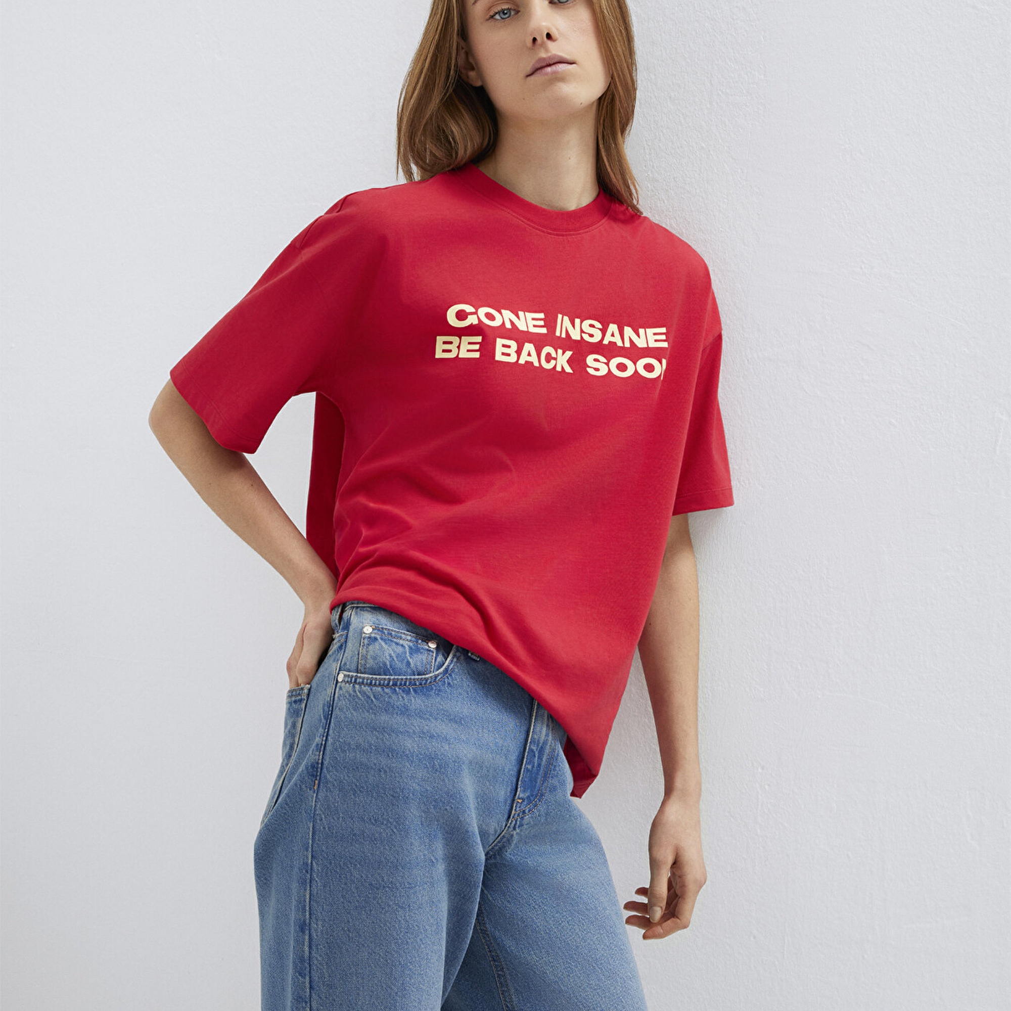 Mavi Baskılı Kırmızı Tişört Loose Fit / Bol Rahat Kesim 1614000-80791