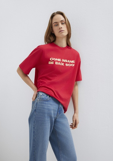  Mavi Baskılı Kırmızı Tişört Loose Fit / Bol Rahat Kesim 1614000-80791