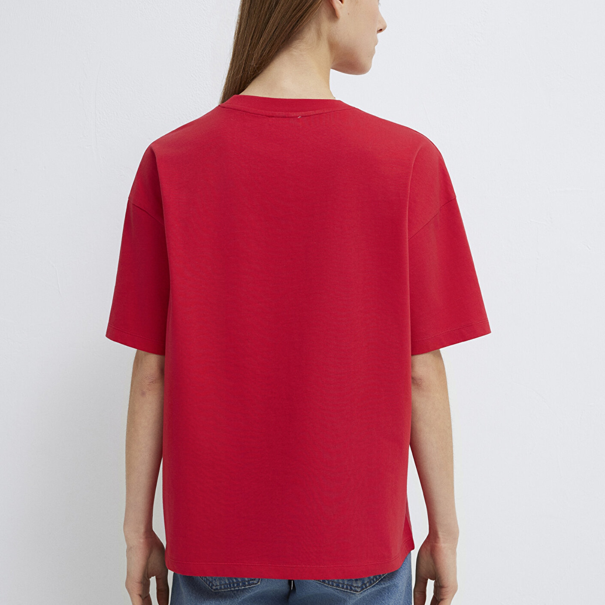 Mavi Baskılı Kırmızı Tişört Loose Fit / Bol Rahat Kesim 1614000-80791