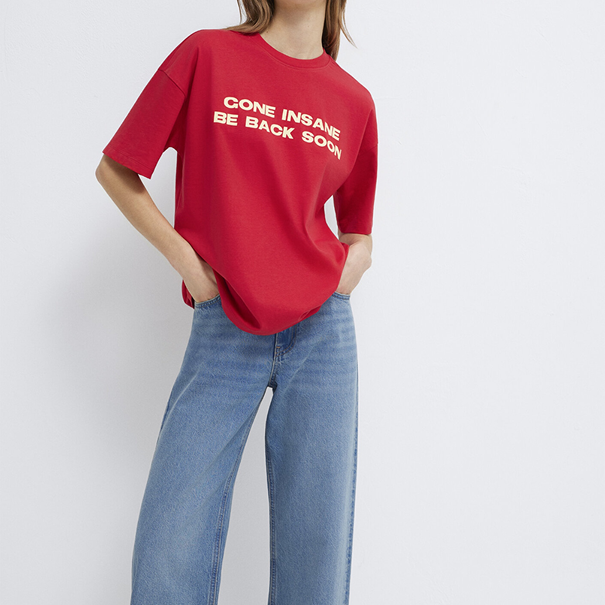 Mavi Baskılı Kırmızı Tişört Loose Fit / Bol Rahat Kesim 1614000-80791