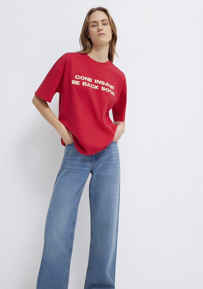  Mavi Baskılı Kırmızı Tişört Loose Fit / Bol Rahat Kesim 1614000-80791