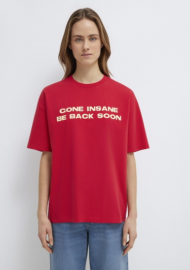  Mavi Baskılı Kırmızı Tişört Loose Fit / Bol Rahat Kesim 1614000-80791