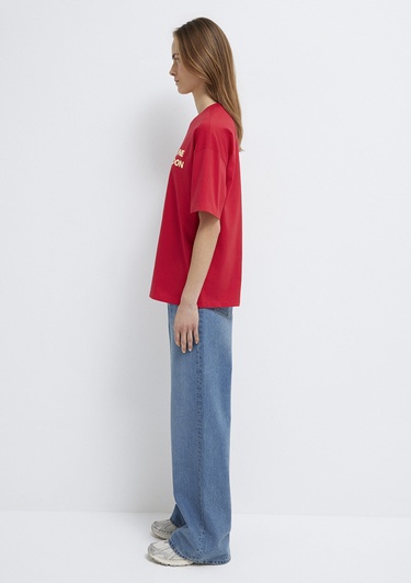  Mavi Baskılı Kırmızı Tişört Loose Fit / Bol Rahat Kesim 1614000-80791