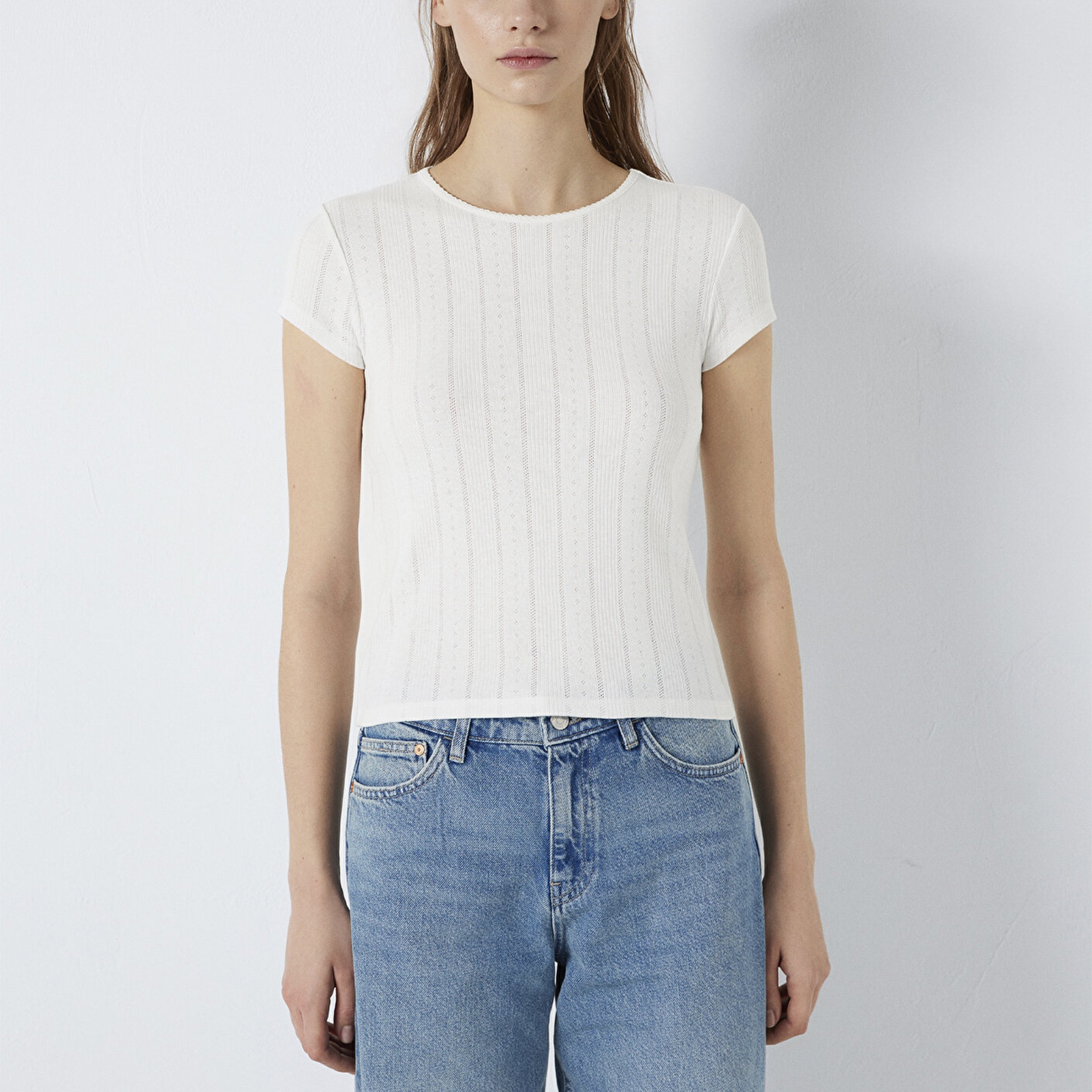 Mavi Ekru Basic Tişört Fitted / Vücuda Oturan Kesim 1613808-70057