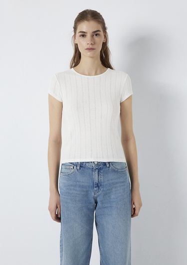  Mavi Ekru Basic Tişört Fitted / Vücuda Oturan Kesim 1613808-70057