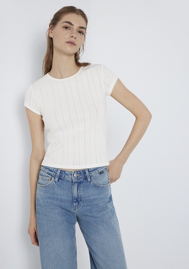  Mavi Ekru Basic Tişört Fitted / Vücuda Oturan Kesim 1613808-70057