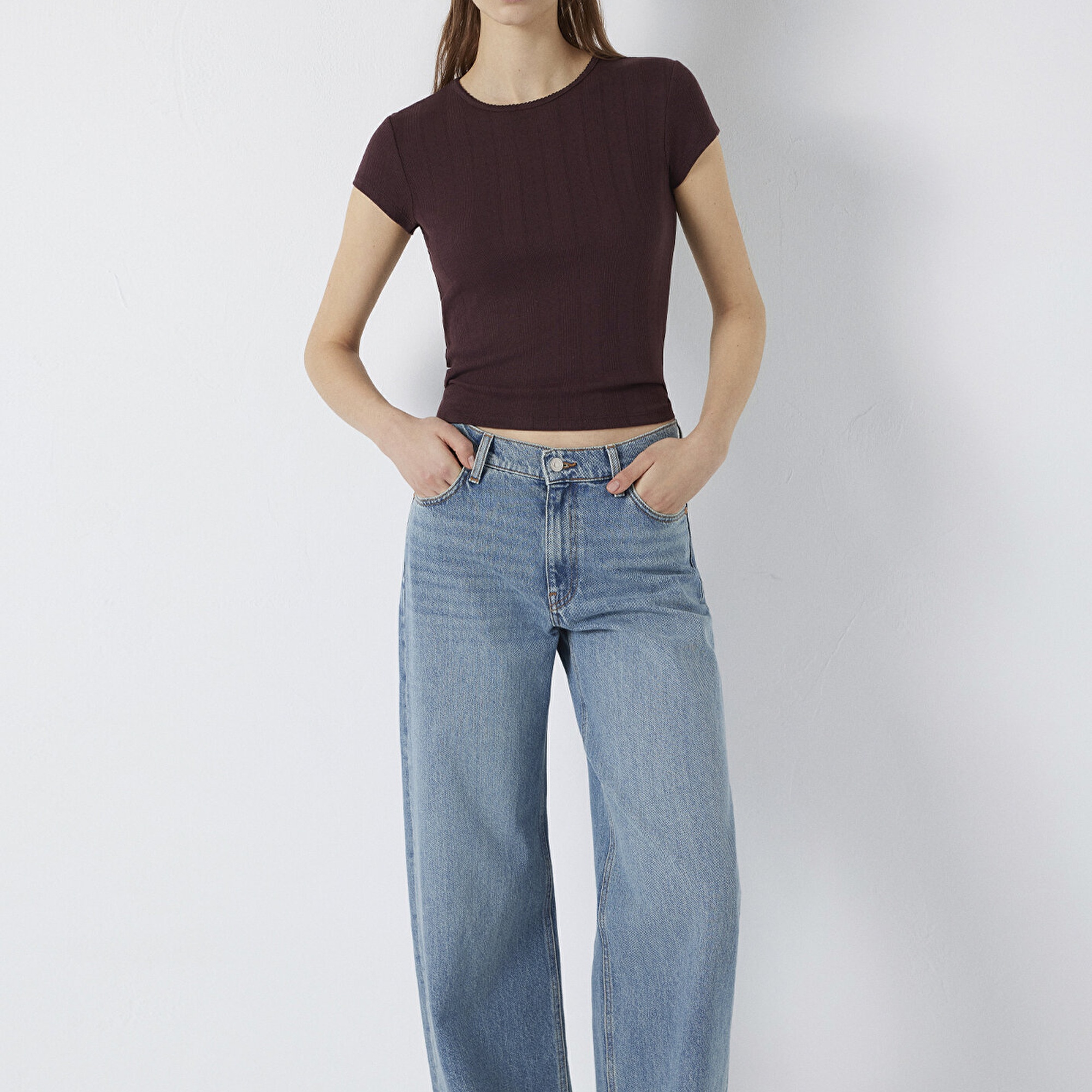 Mavi Kahverengi Basic Tişört Fitted / Vücuda Oturan Kesim 1613808-70223