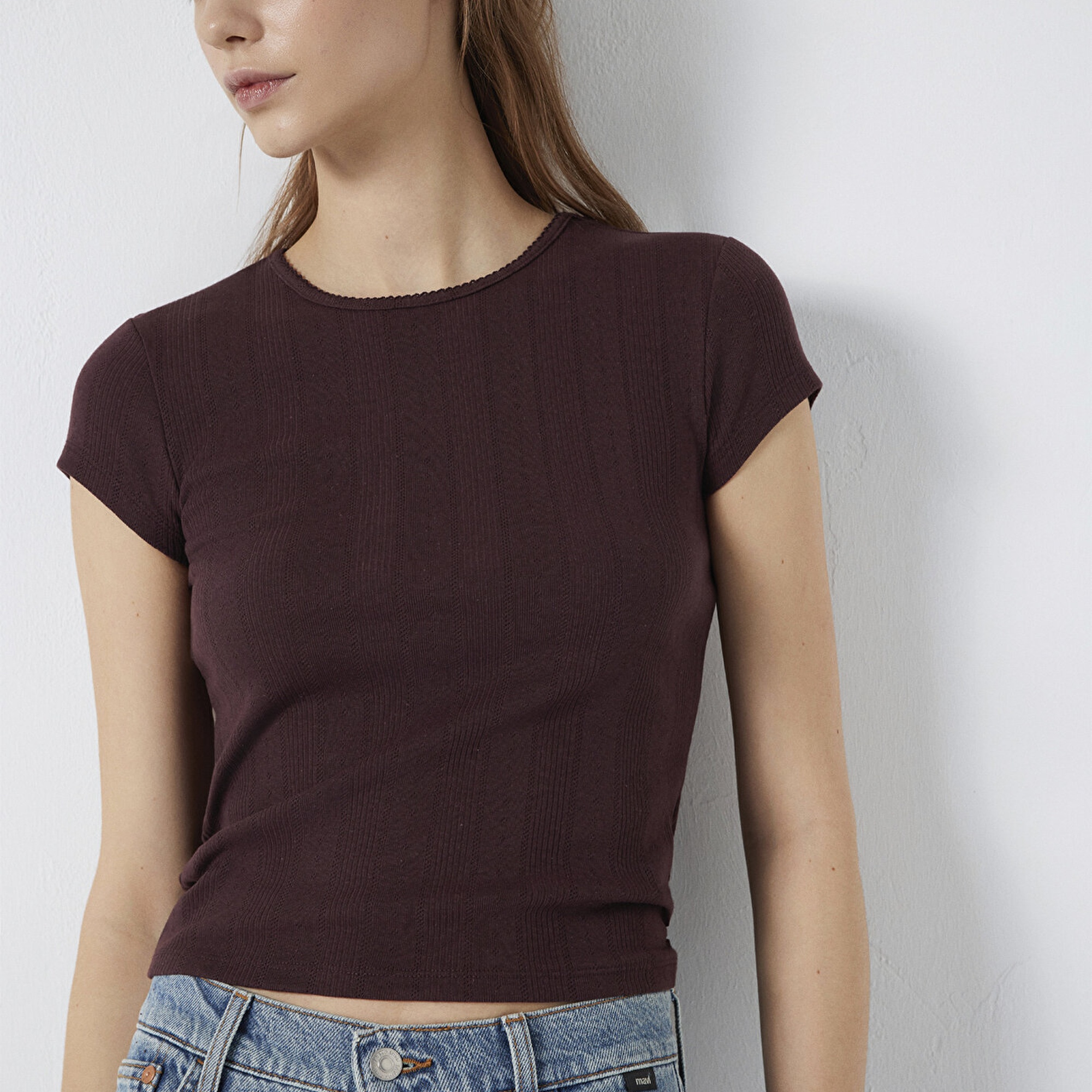 Mavi Kahverengi Basic Tişört Fitted / Vücuda Oturan Kesim 1613808-70223