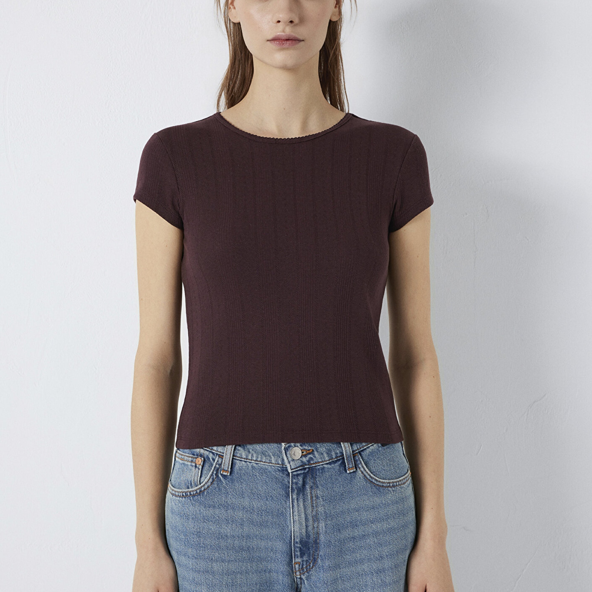 Mavi Kahverengi Basic Tişört Fitted / Vücuda Oturan Kesim 1613808-70223