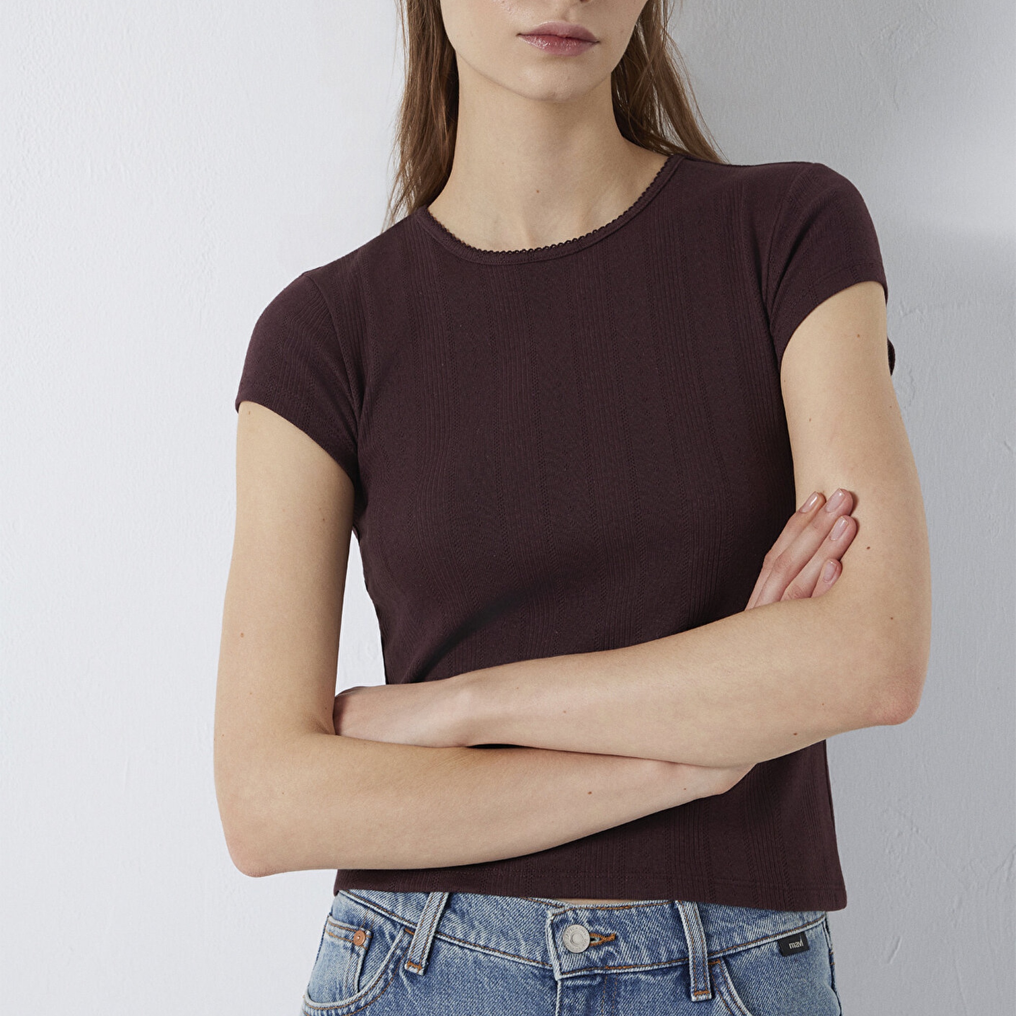 Mavi Kahverengi Basic Tişört Fitted / Vücuda Oturan Kesim 1613808-70223