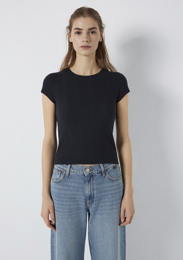  Mavi Lacivert Basic Tişört Fitted / Vücuda Oturan Kesim 1613808-70489