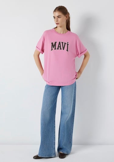  Mavi Mavi Logo Baskılı Pembe Tişört Oversize / Geniş Kesim 1600843-71063