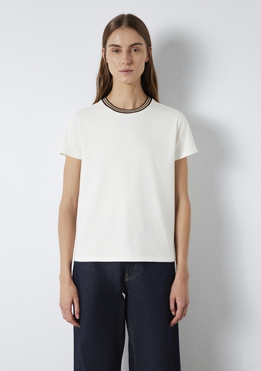  Mavi Yaka Detaylı Ekru Tişört Semi Slim Fit / Yarı Dar Kesim 1613747-70048