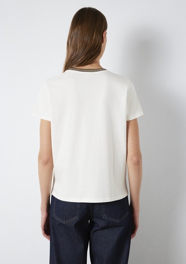  Mavi Yaka Detaylı Ekru Tişört Semi Slim Fit / Yarı Dar Kesim 1613747-70048