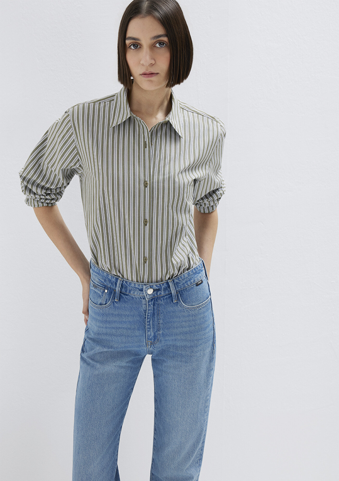  Mavi Çizgili Yeşil Gömlek Loose Fit / Bol Rahat Kesim 1211386-85171