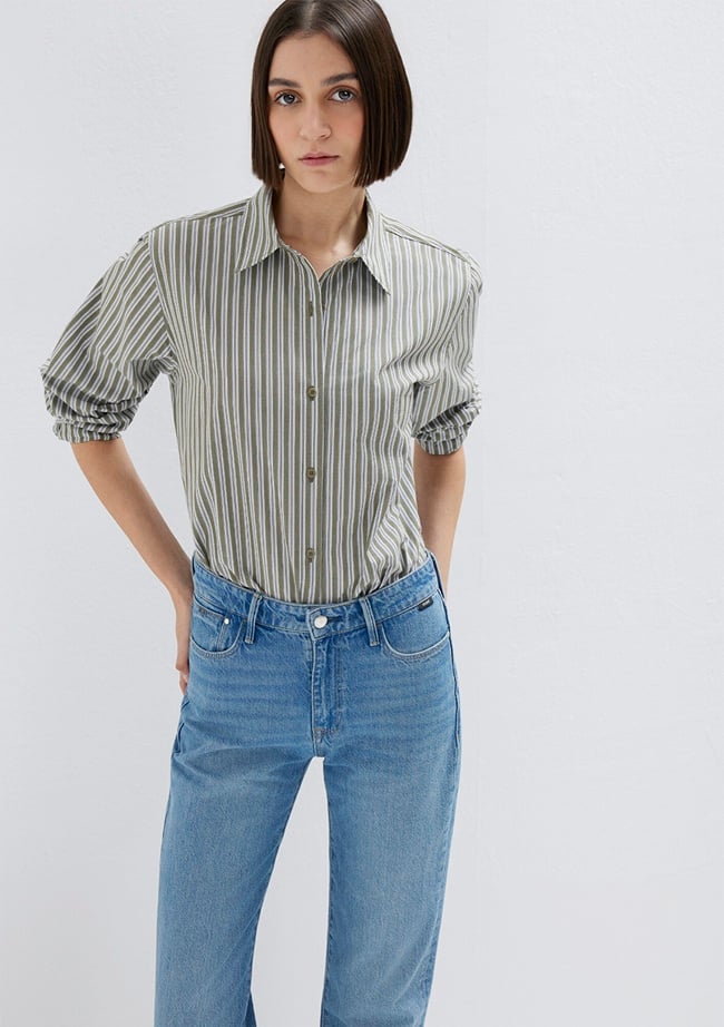  Mavi Çizgili Yeşil Gömlek Loose Fit / Bol Rahat Kesim 1211386-85171