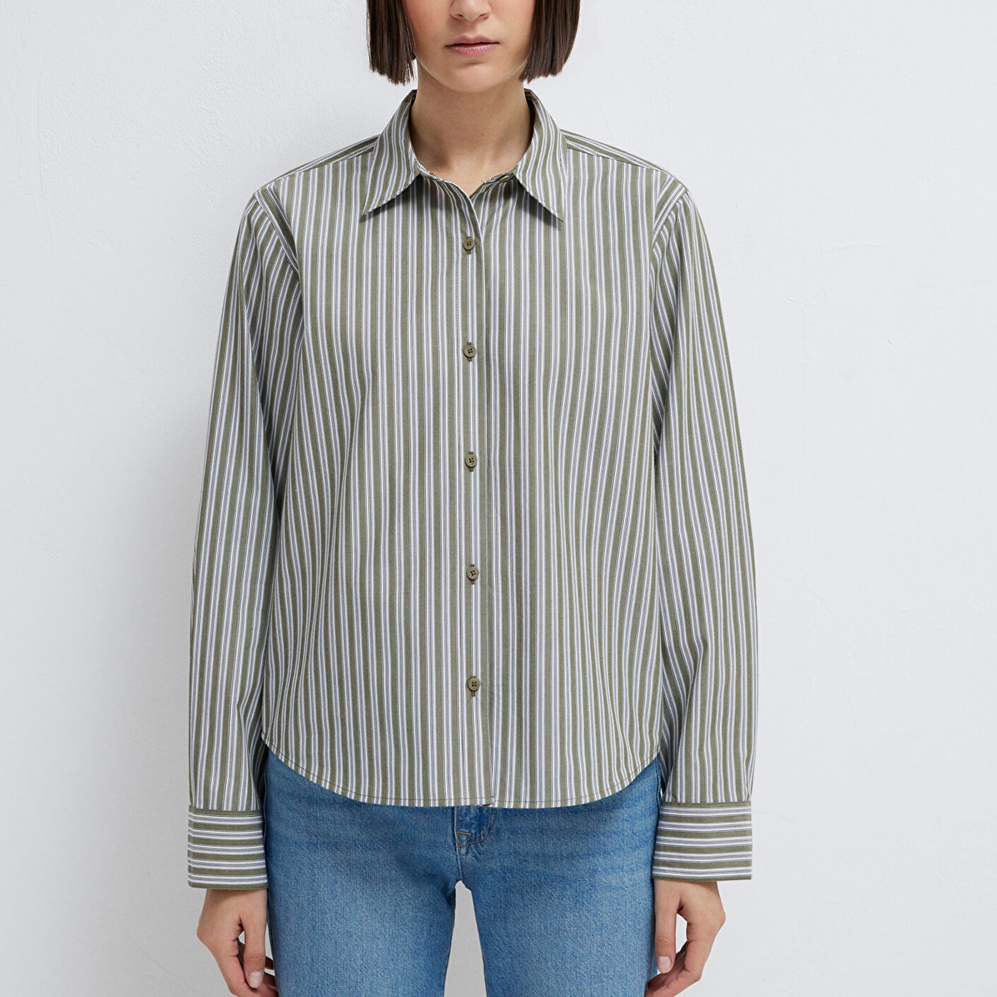 Mavi Çizgili Yeşil Gömlek Loose Fit / Bol Rahat Kesim 1211386-85171