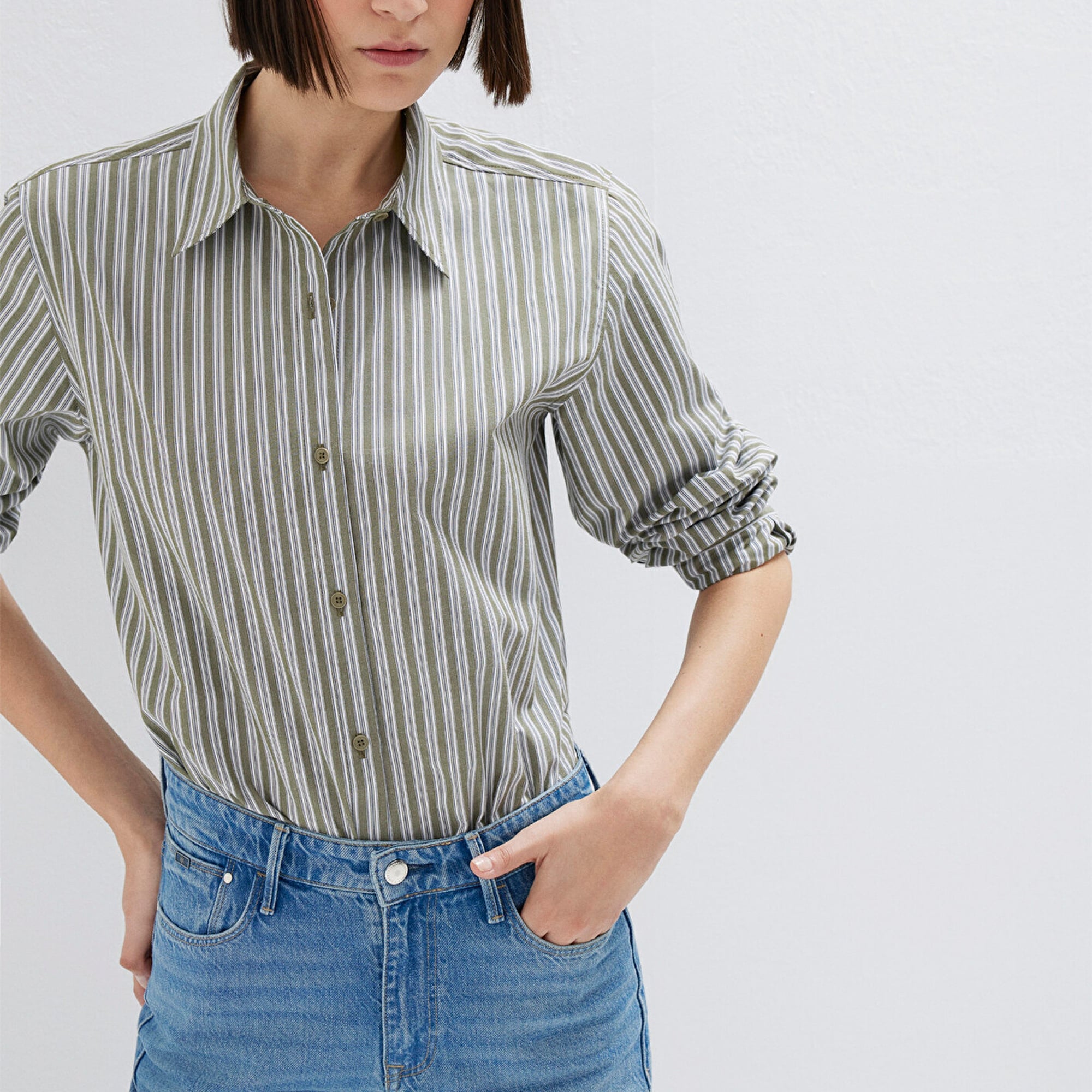 Mavi Çizgili Yeşil Gömlek Loose Fit / Bol Rahat Kesim 1211386-85171