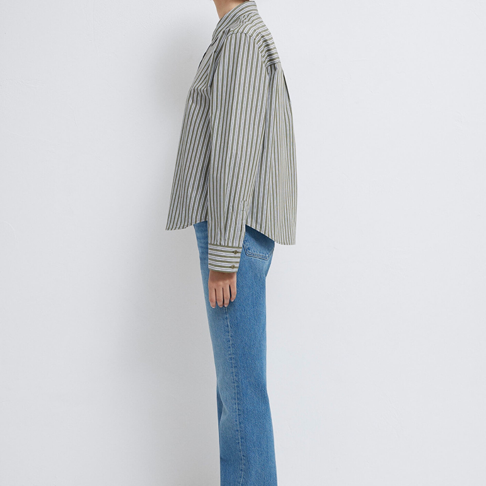 Mavi Çizgili Yeşil Gömlek Loose Fit / Bol Rahat Kesim 1211386-85171