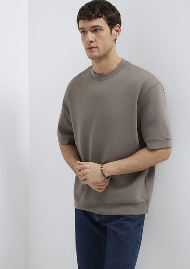  Mavi Bisiklet Yaka Kahverengi Tişört Loose Fit / Bol Rahat Kesim 0611614-87875