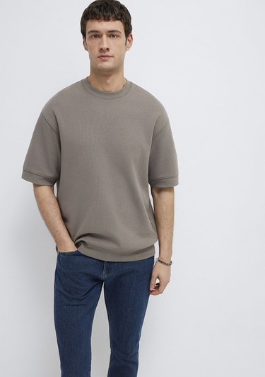  Mavi Bisiklet Yaka Kahverengi Tişört Loose Fit / Bol Rahat Kesim 0611614-87875