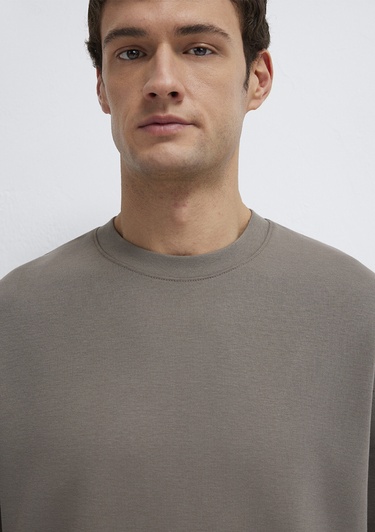  Mavi Bisiklet Yaka Kahverengi Tişört Loose Fit / Bol Rahat Kesim 0611614-87875