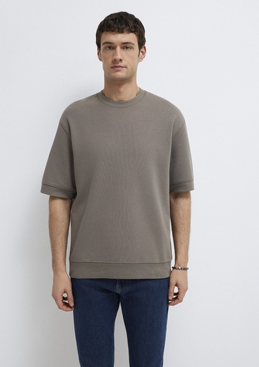  Mavi Bisiklet Yaka Kahverengi Tişört Loose Fit / Bol Rahat Kesim 0611614-87875