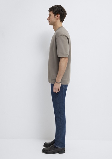  Mavi Bisiklet Yaka Kahverengi Tişört Loose Fit / Bol Rahat Kesim 0611614-87875