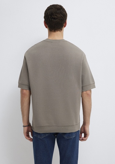  Mavi Bisiklet Yaka Kahverengi Tişört Loose Fit / Bol Rahat Kesim 0611614-87875