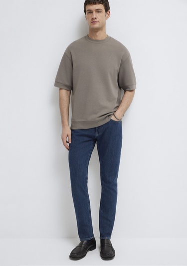  Mavi Bisiklet Yaka Kahverengi Tişört Loose Fit / Bol Rahat Kesim 0611614-87875