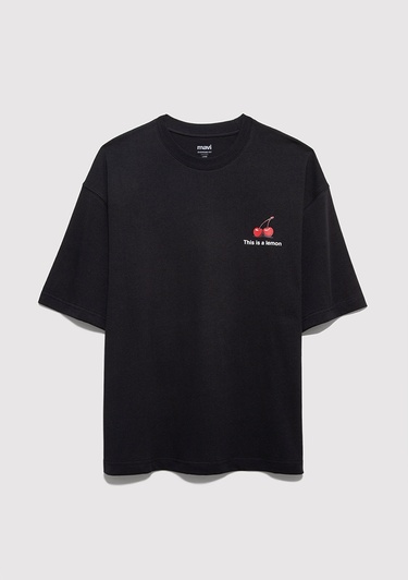  Mavi Baskılı Siyah Tişört Oversize / Geniş Kesim 0613255-71379