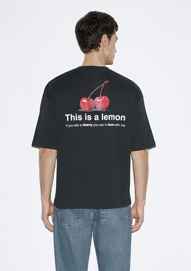  Mavi Baskılı Siyah Tişört Oversize / Geniş Kesim 0613255-71379