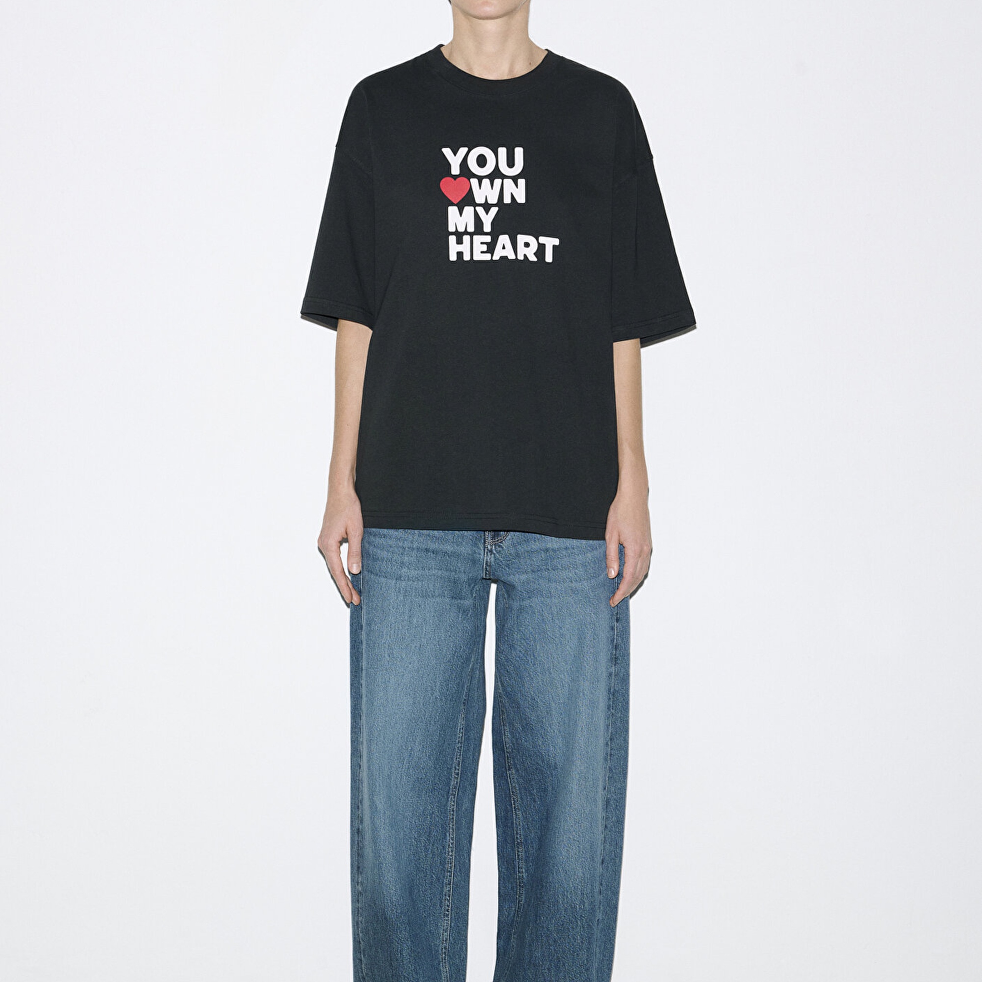 Mavi Baskılı Siyah Tişört Oversize / Geniş Kesim 0613253-71379