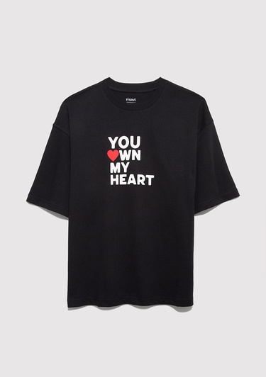  Mavi Baskılı Siyah Tişört Oversize / Geniş Kesim 0613253-71379