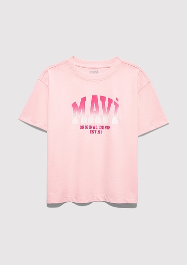  Mavi Mavi Logo Baskılı Pembe Tişört Loose Fit / Bol Rahat Kesim 7610386-71007