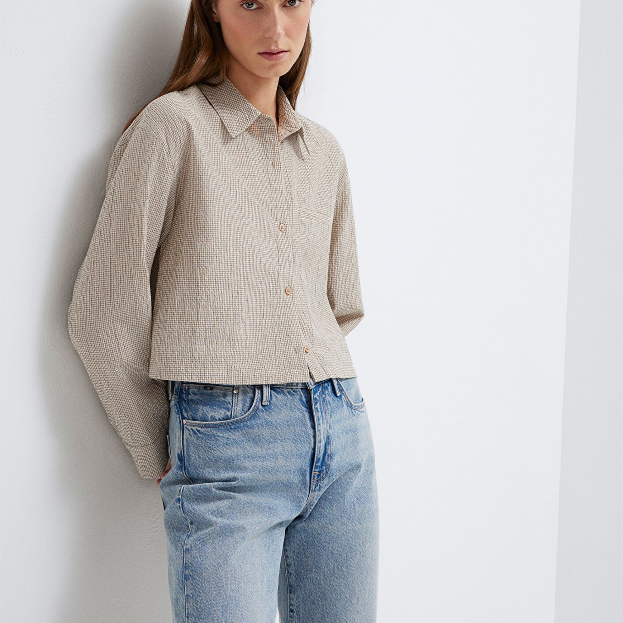 Mavi Kahverengi Crop Gömlek Loose Fit / Bol Rahat Kesim 1211388-83169