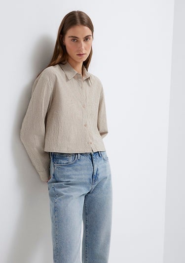  Mavi Kahverengi Crop Gömlek Loose Fit / Bol Rahat Kesim 1211388-83169