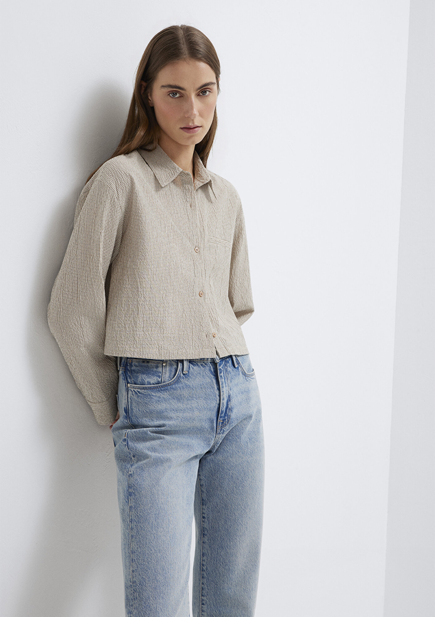  Mavi Kahverengi Crop Gömlek Loose Fit / Bol Rahat Kesim 1211388-83169